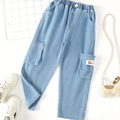 Girls Smile Tag Casual Baggy Jeans with Elastic Waist