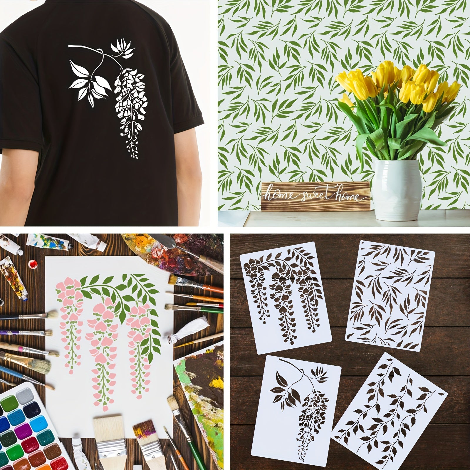 4pcs Flowers Leaves Painting Stencils - Reusable Plastic S