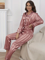 Striped Satin Pajama Set Long Sleeve Button Top & Pants