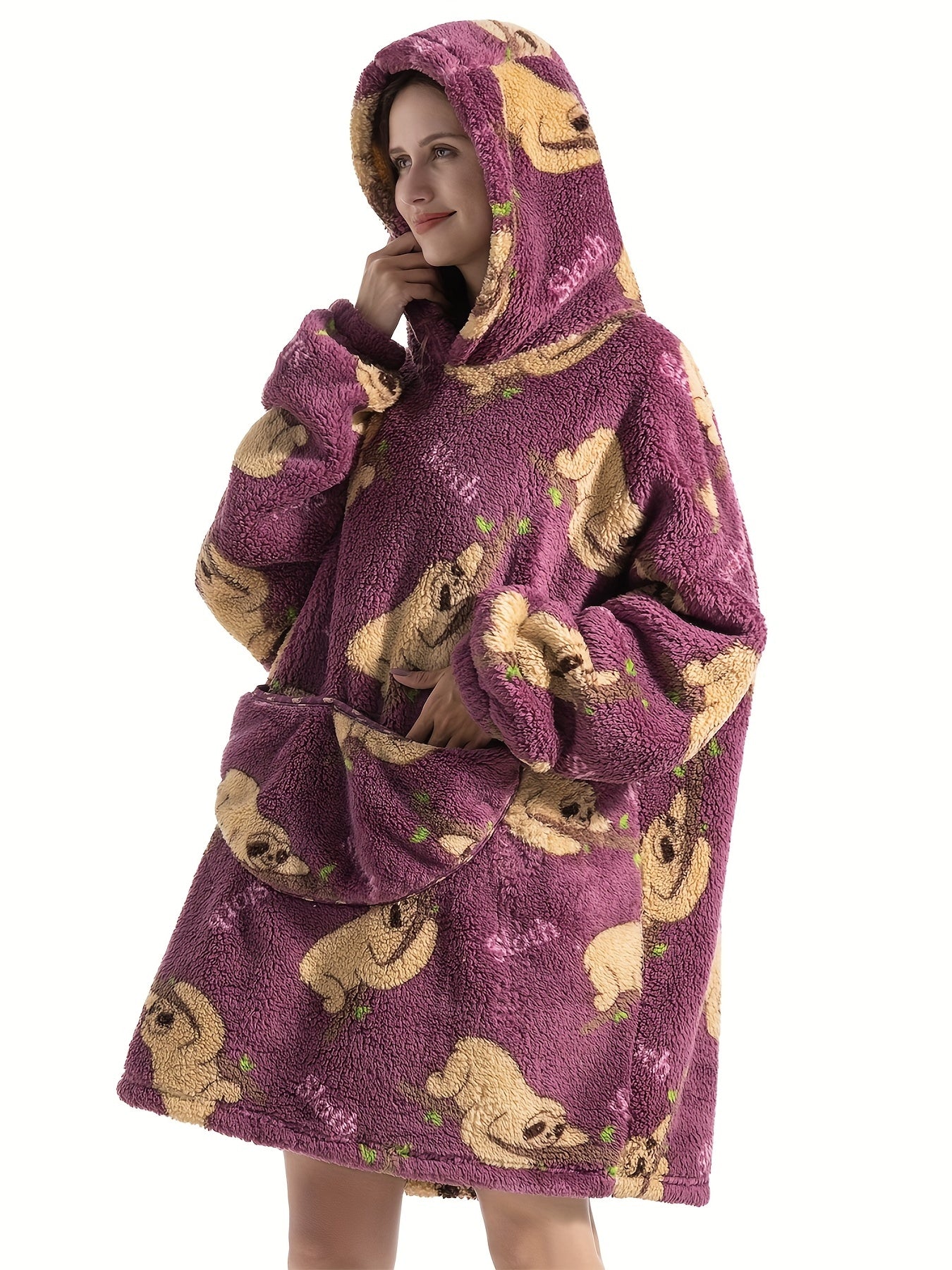 Lounge Robe Women's Plus Sloth Pattern Warm Oversized Fleece Hoodie