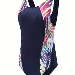 Girls Geometric Print One Piece Swimsuit Chest Pad Tankini Kids Clothes