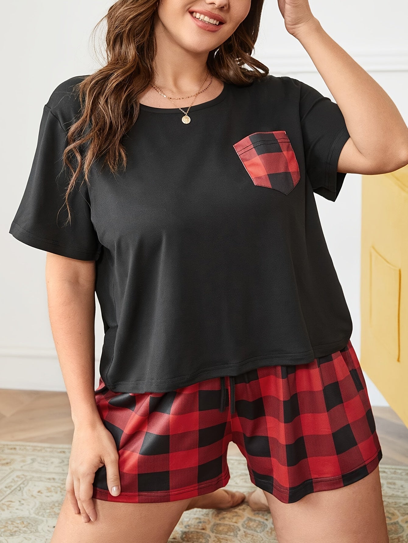 Plaid Pocket Patched Tee & Shorts Pajamas Set