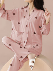 Polka Dot Print Pajama Set Long Sleeve Top & Pants Women's Sleepwear