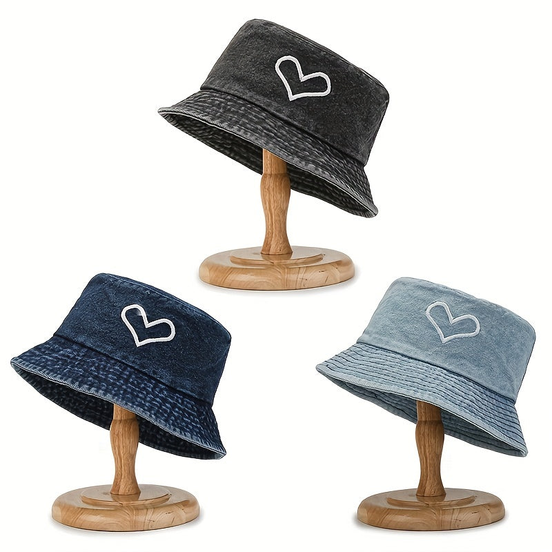 Denim Heart Embroidery Bucket Hat Distressed Couple Cap