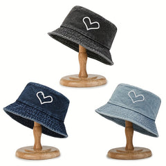 Denim Heart Embroidery Bucket Hat Distressed Couple Cap