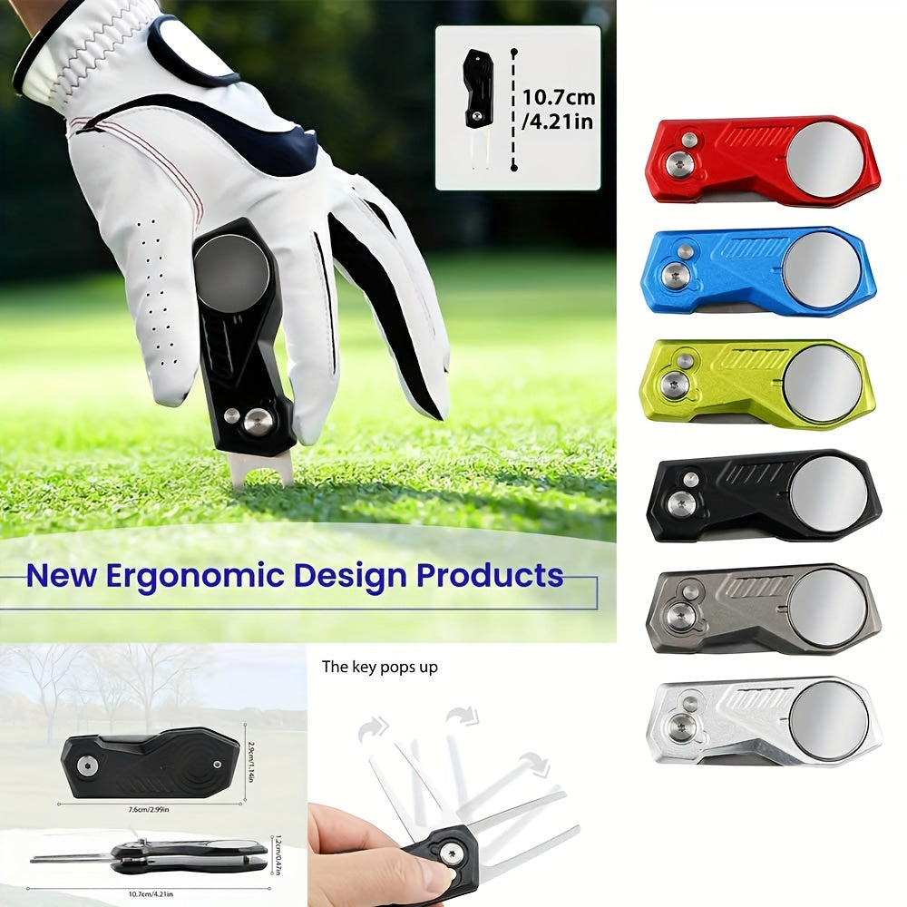 Foldable Golf Divot Repair Tool Magnetic Marker Green Fork