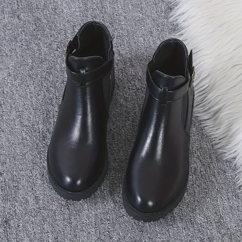 Solid Chunky Heel Boots Buckle Strap Short Boots Comfortable
