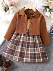 Girl's Plaid Pattern Sundress & Corduroy Jacket Set for Spring Autumn