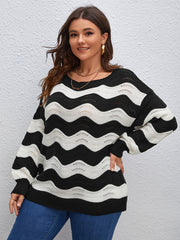 Colorblock Hollow Out Round Neck Sweater Plus Size