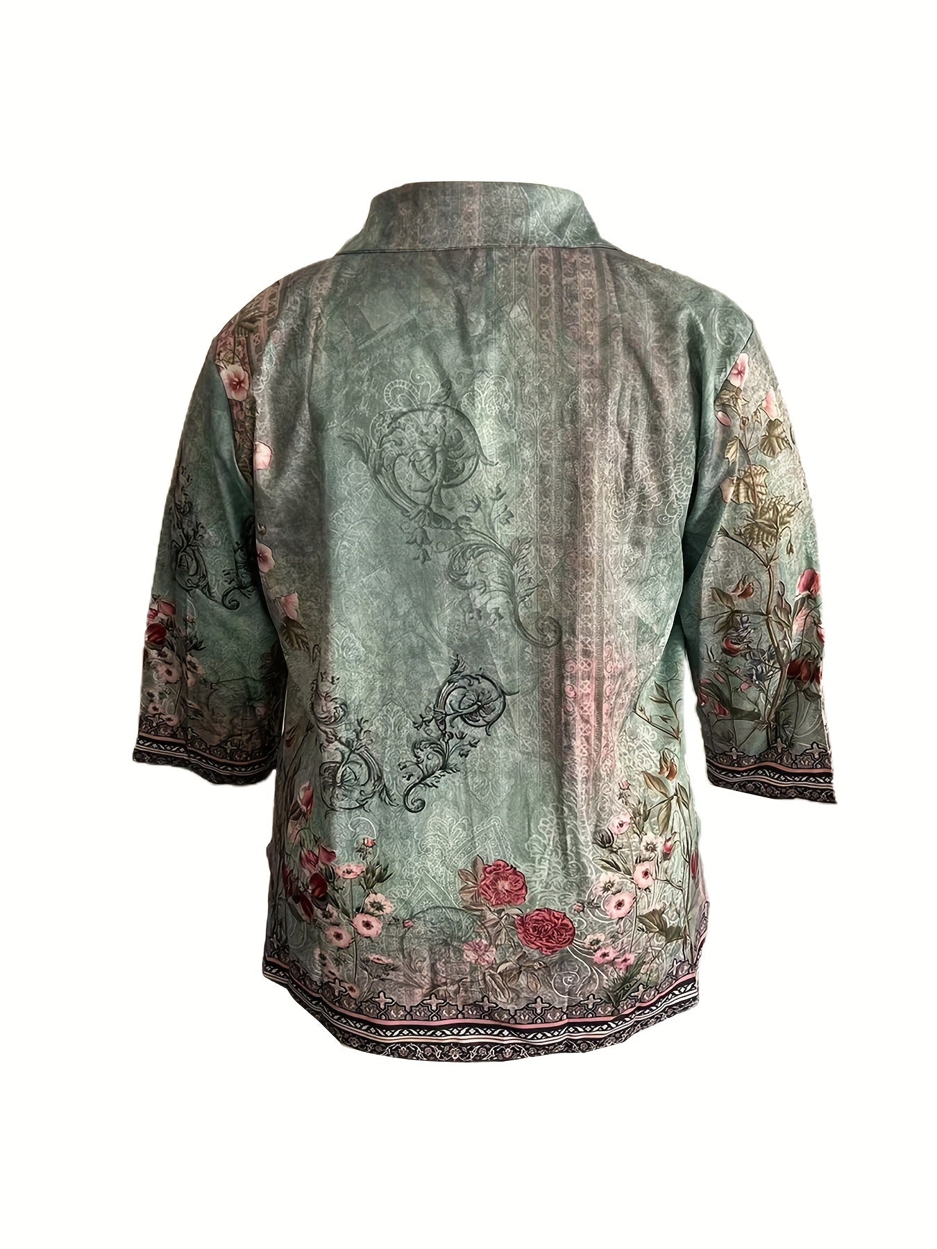 Floral Border Print Long Sleeve Lapel Collar Button Up Blouse