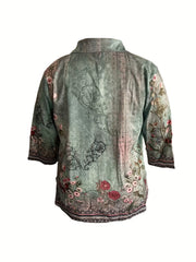 Floral Border Print Long Sleeve Lapel Collar Button Up Blouse