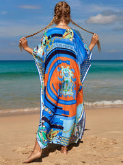 Boho Cover Up Dress Women's Plus Border Floral Print Bat Sleeve V Neck