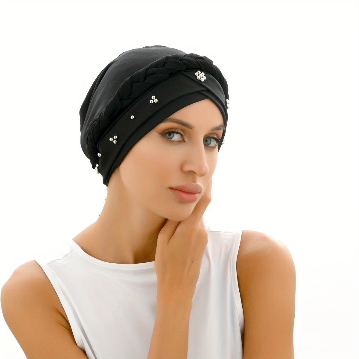 Classic Beads Decor Turban Cap Solid Elastic Head Wrap Pre-tied Head Scarf