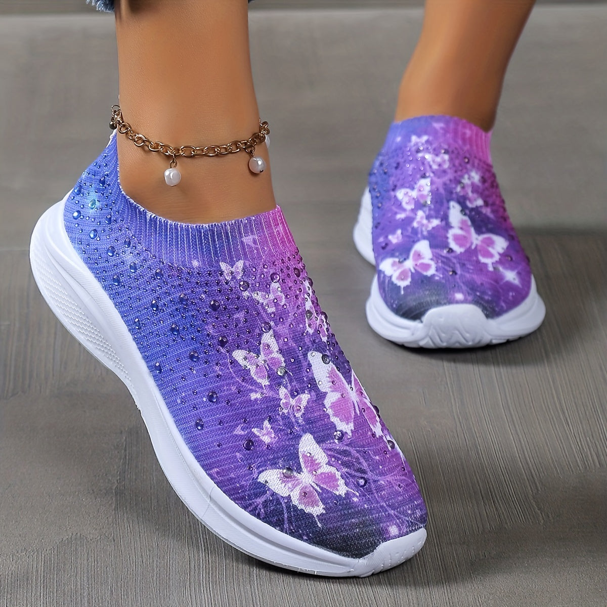 Rhinestone Decor Butterfly Print Soft Sole Sneaker