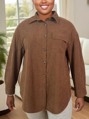 Solid Corduroy Long Sleeve Button Up Lapel Collar Shirt Top