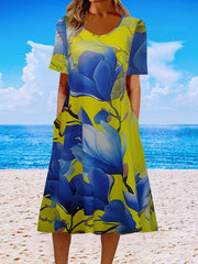 Floral Print Short Sleeve Casual Dress with Pockets