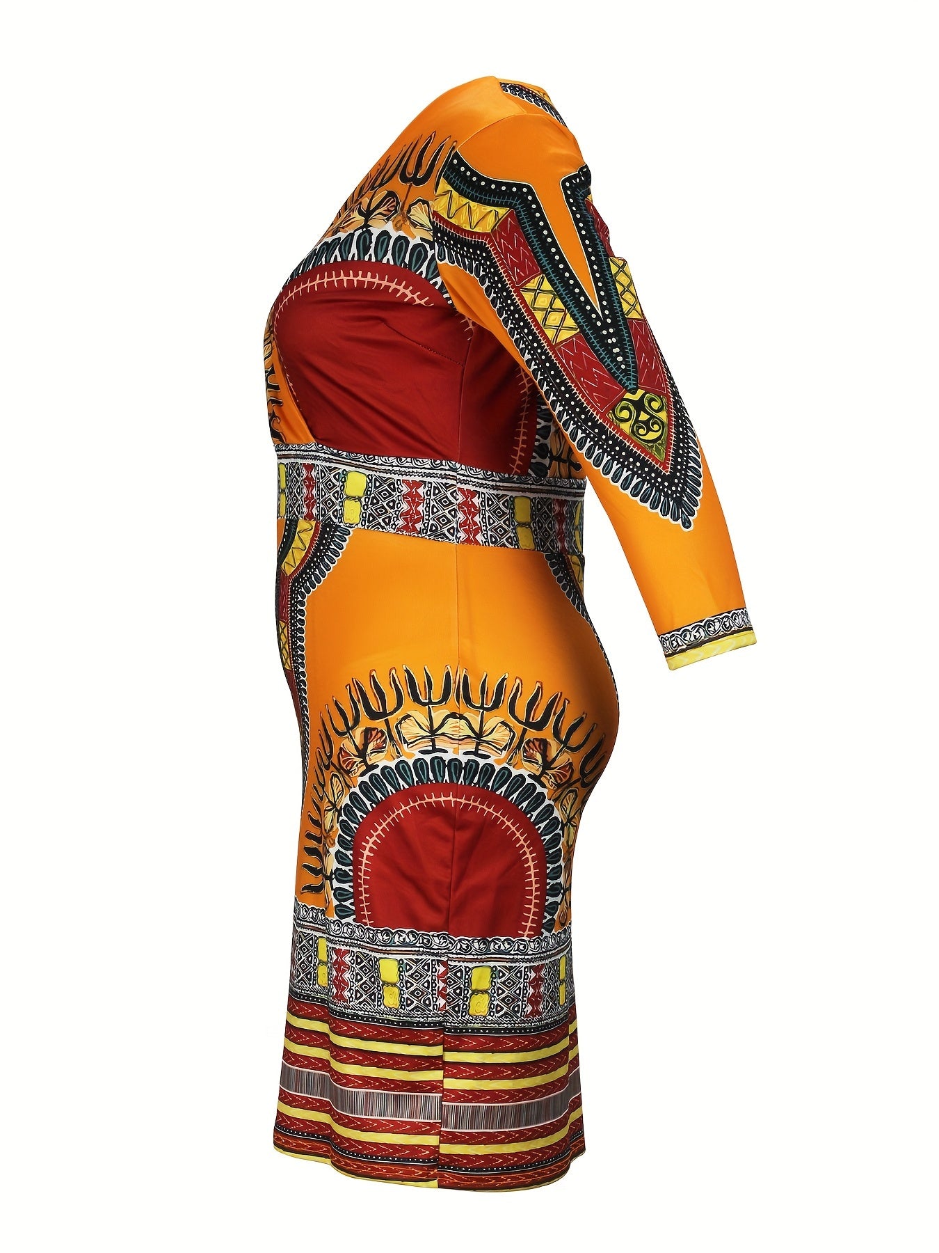 Boho Dress Women's Plus Tribal Print V Neck Midi Dress