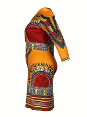 Boho Dress Women's Plus Tribal Print V Neck Midi Dress