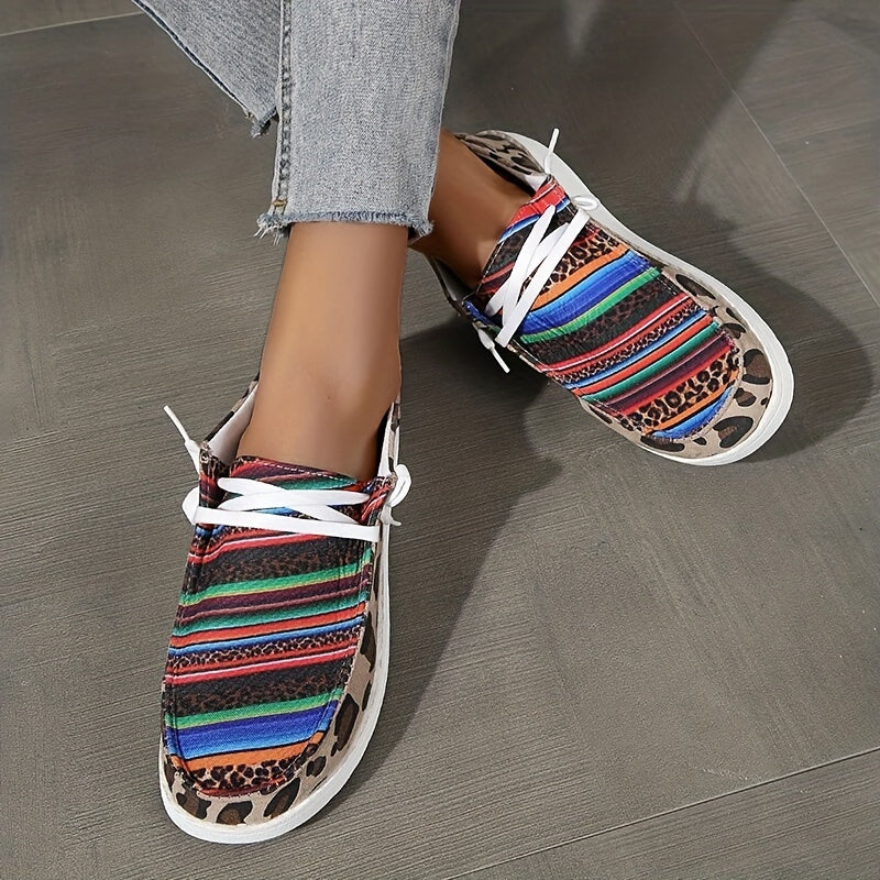Leopard Print Canvas Lace Up Low Top Slip On Sneakers