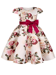 Girls Princess Dress Short Sleeve Bow Flowers Print Dress