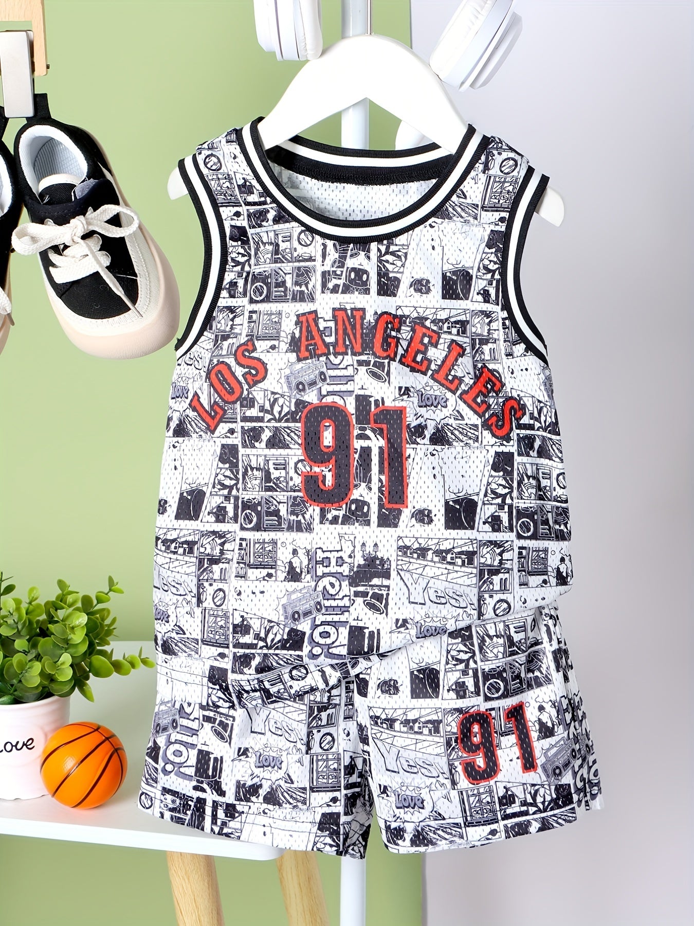 Boys Letter Print Vest & Sports Shorts LA Basketball Suit