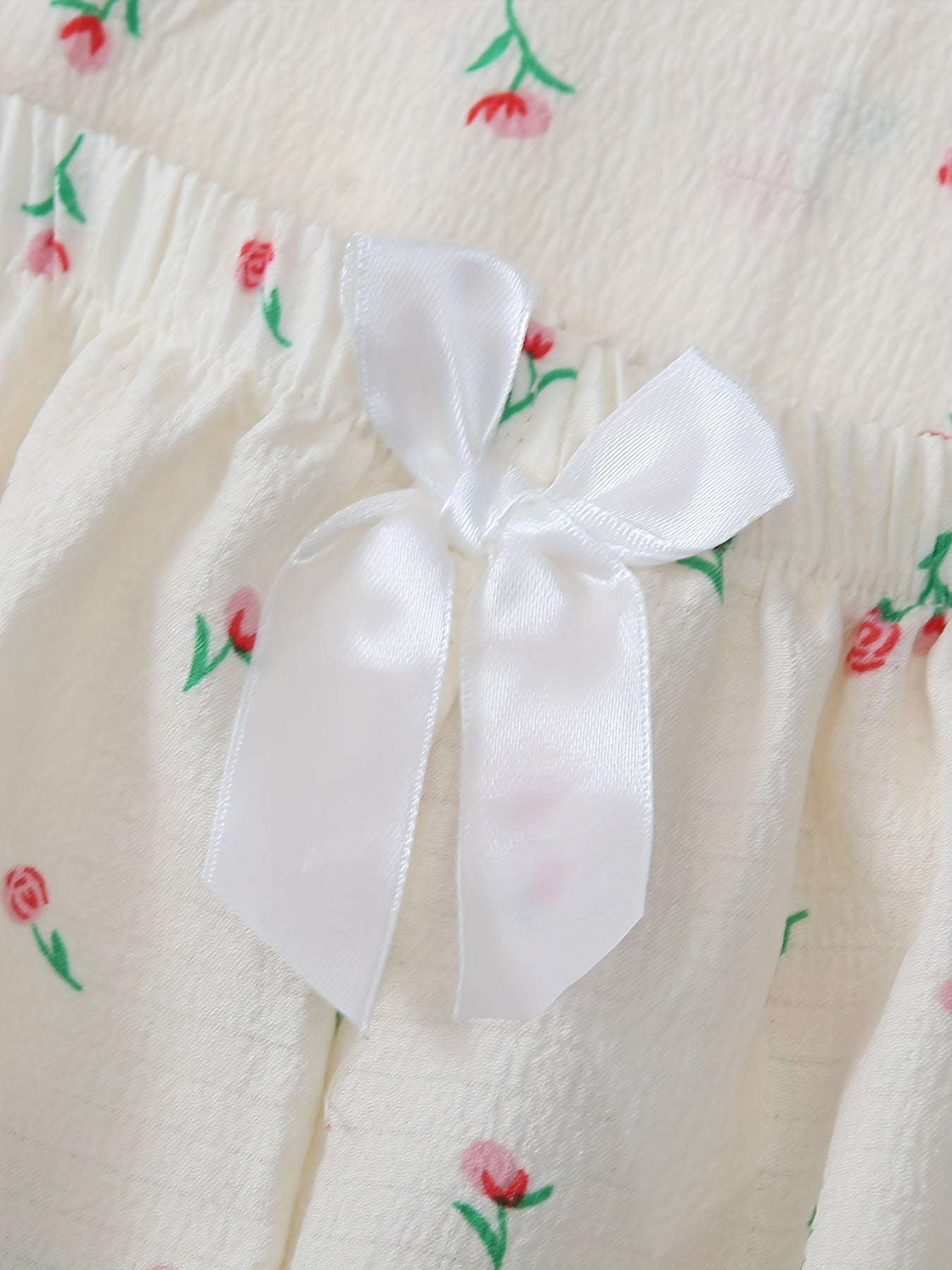 Floral Print Pajamas Set Short Sleeve Top & Bow Shorts