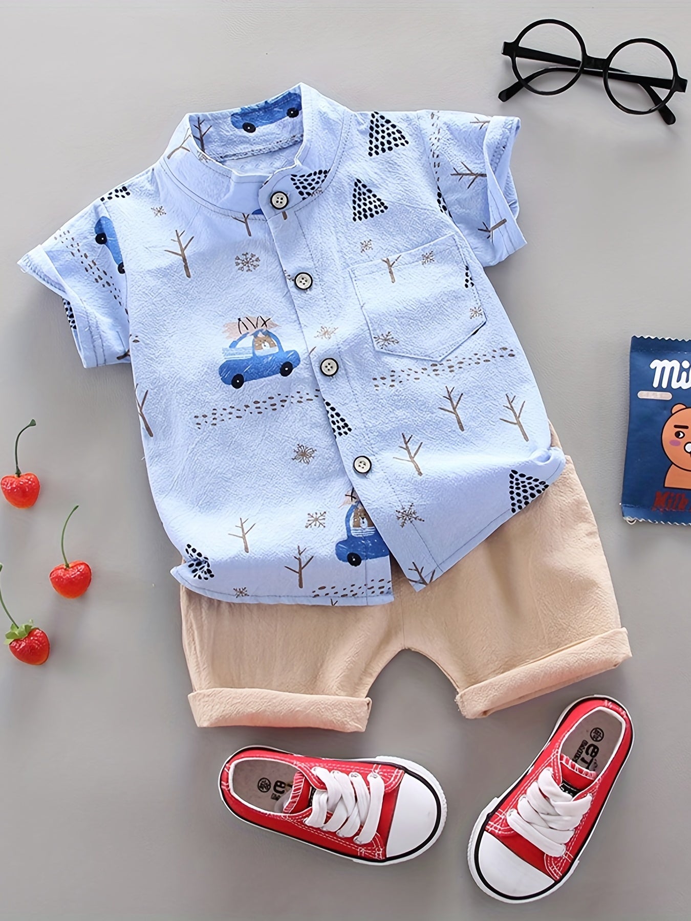 Boys 2pcs Cartoon Print Shirt & Shorts Set