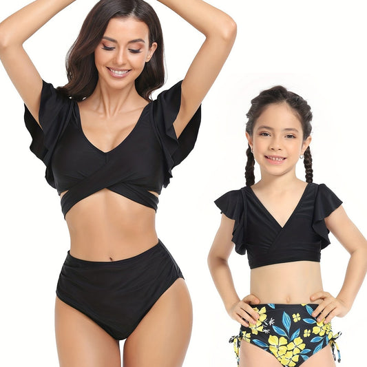 Mom & Daughter Matching Bikini Swimsuit Set Tropical Plant Print Ruffle