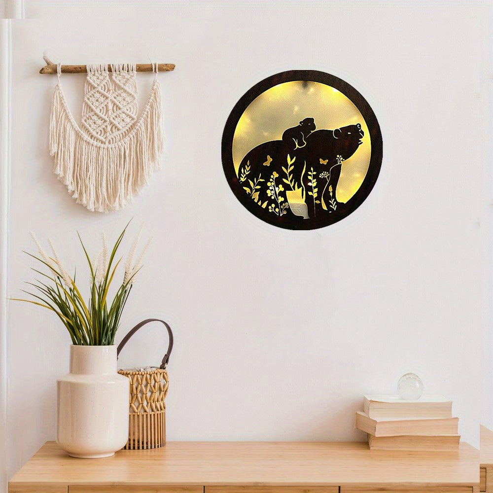 Children's Room LED Wall Clock Lamp Retro Wooden Sign Sticker Hanging Light