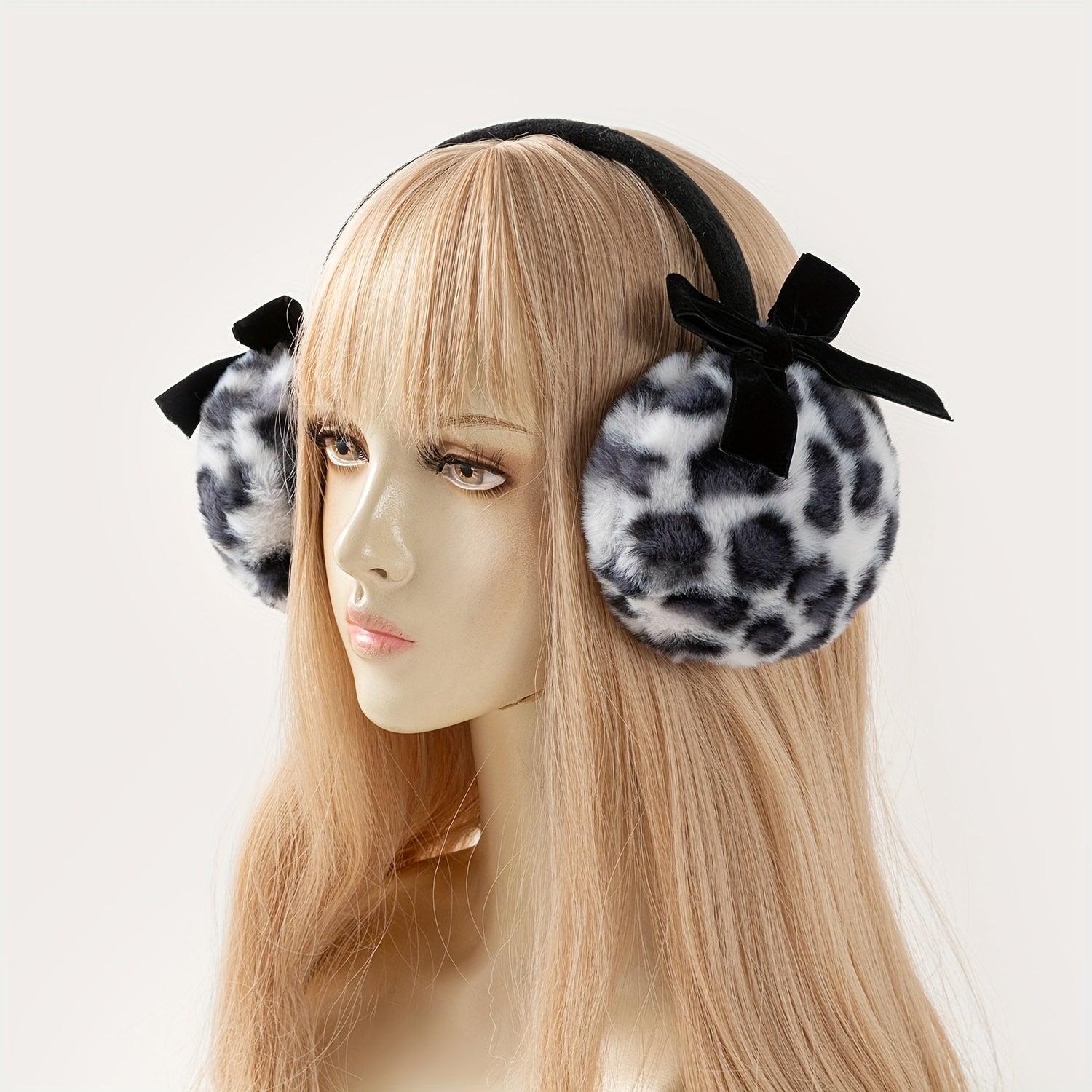 Leopard Print Plush Ear Muffs with Bow Detail - Warm & Cozy