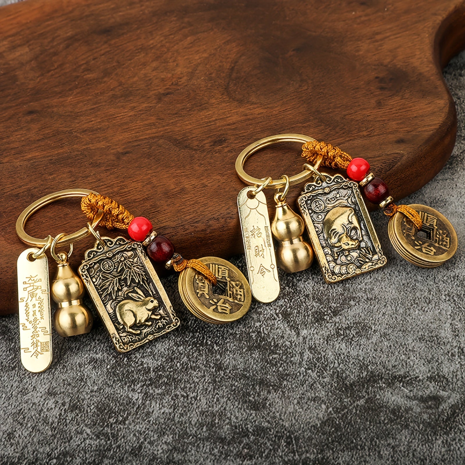 Chinese Zodiac Brass Gourd Fengshui Coin Keychain Retro Lucky Key Chain Pendant