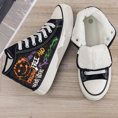 Smiling Graffiti Print Plush Lined Thermal Chunky Canvas Sneakers