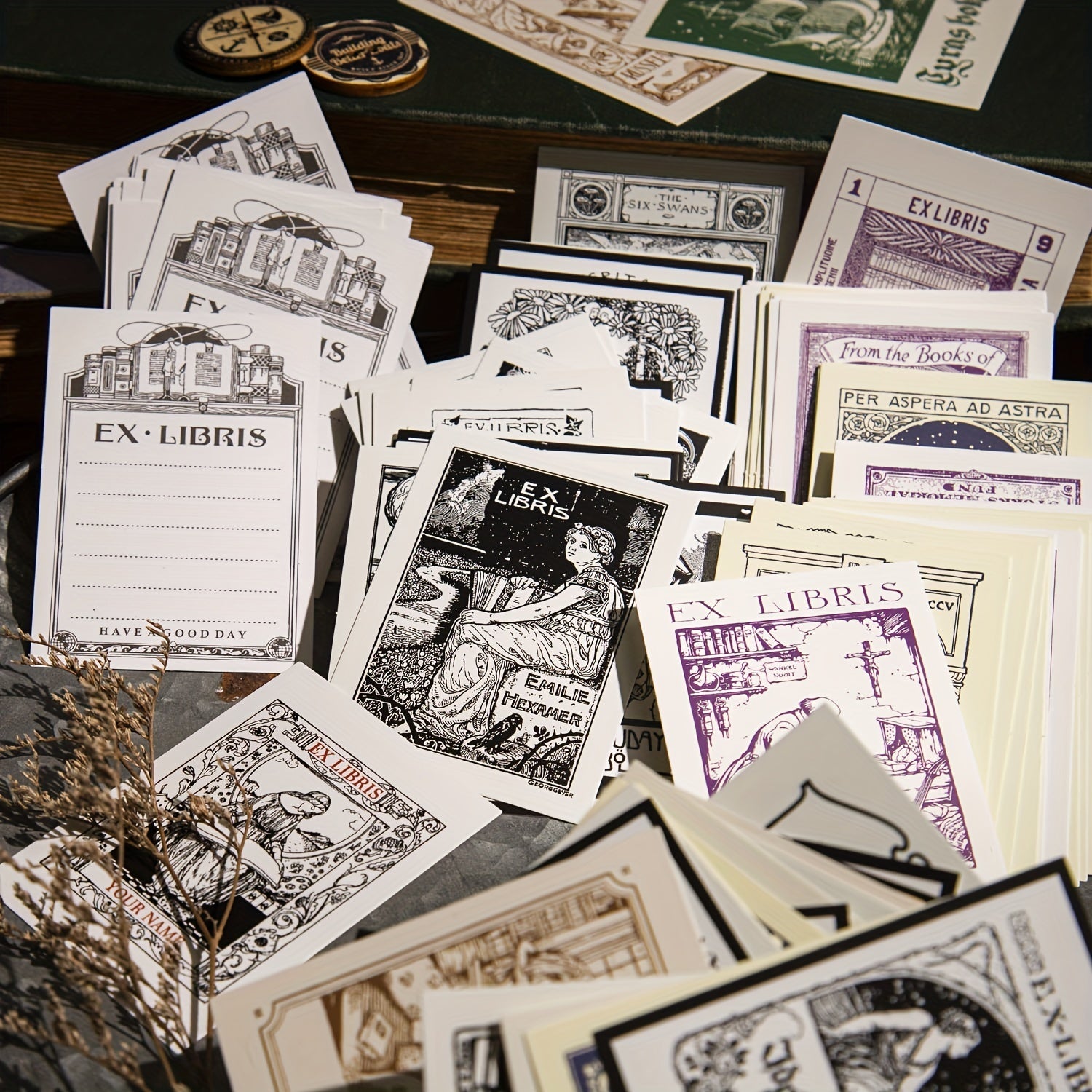 50 Retro Bookplate Engraved Paper Sheets 9x7 cm, Hand Account Base Paper