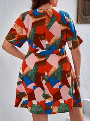 Plus Geometric Print Short Sleeve Surplice Neck Dress