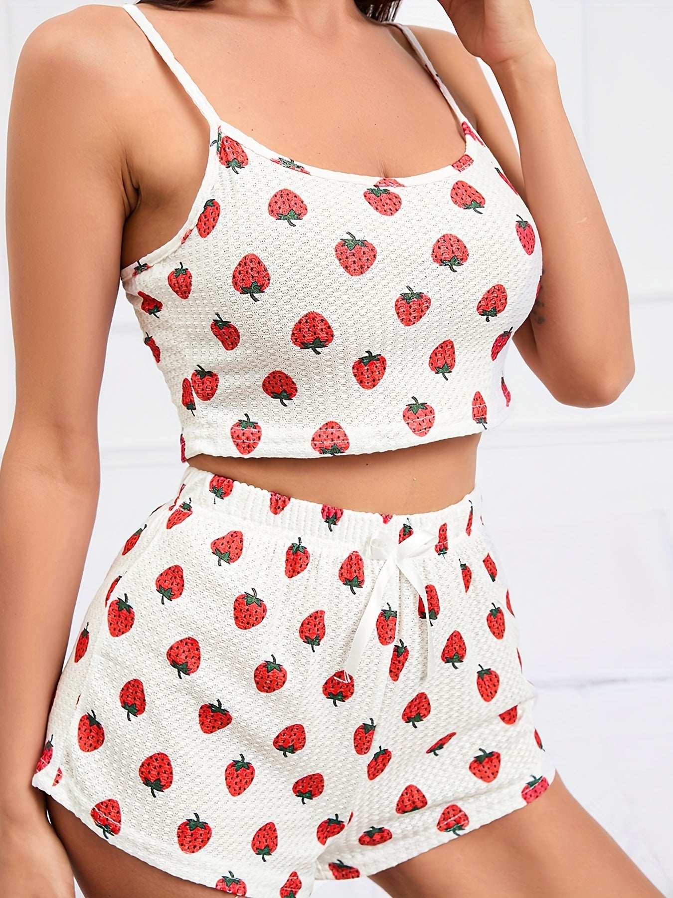 Women's Strawberry Print Waffle Pajama Set