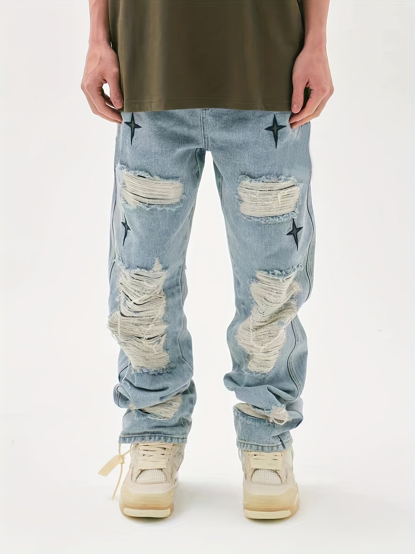 Star Pattern Ripped Jeans Men s Casual Street Style Denim Pants