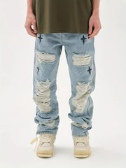 Star Pattern Ripped Jeans Men s Casual Street Style Denim Pants