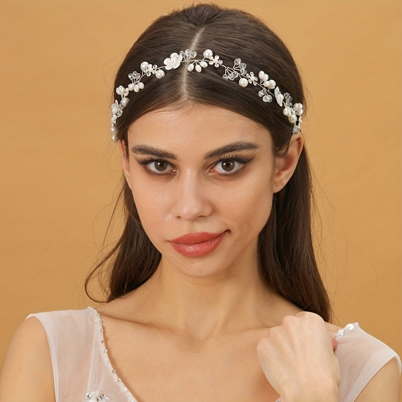 Faux Pearl Flower Headband Tiara For Women Bride Party Wedding