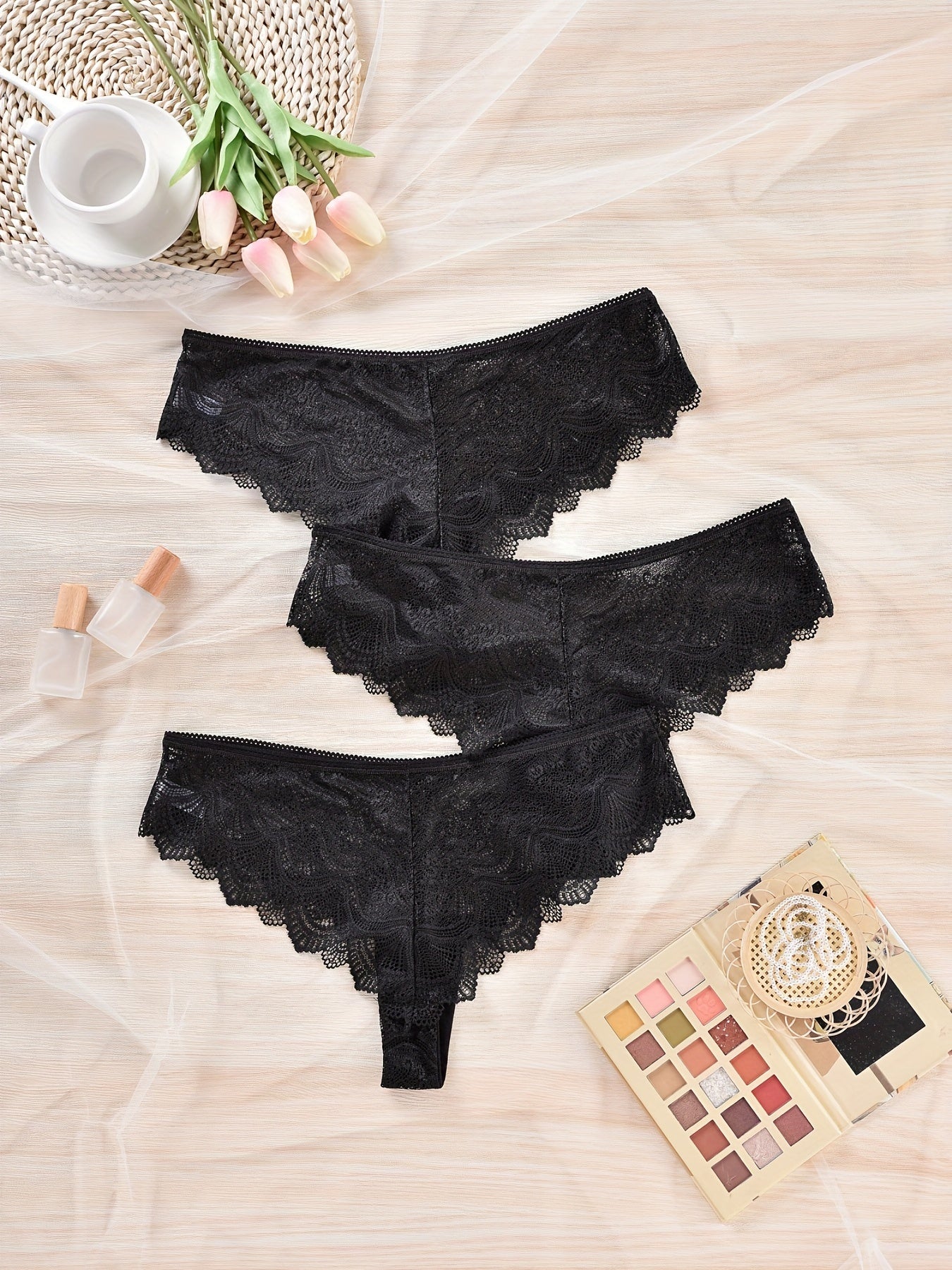 3 Pack Plus Size Floral Lace Semi Sheer High Stretch Panties