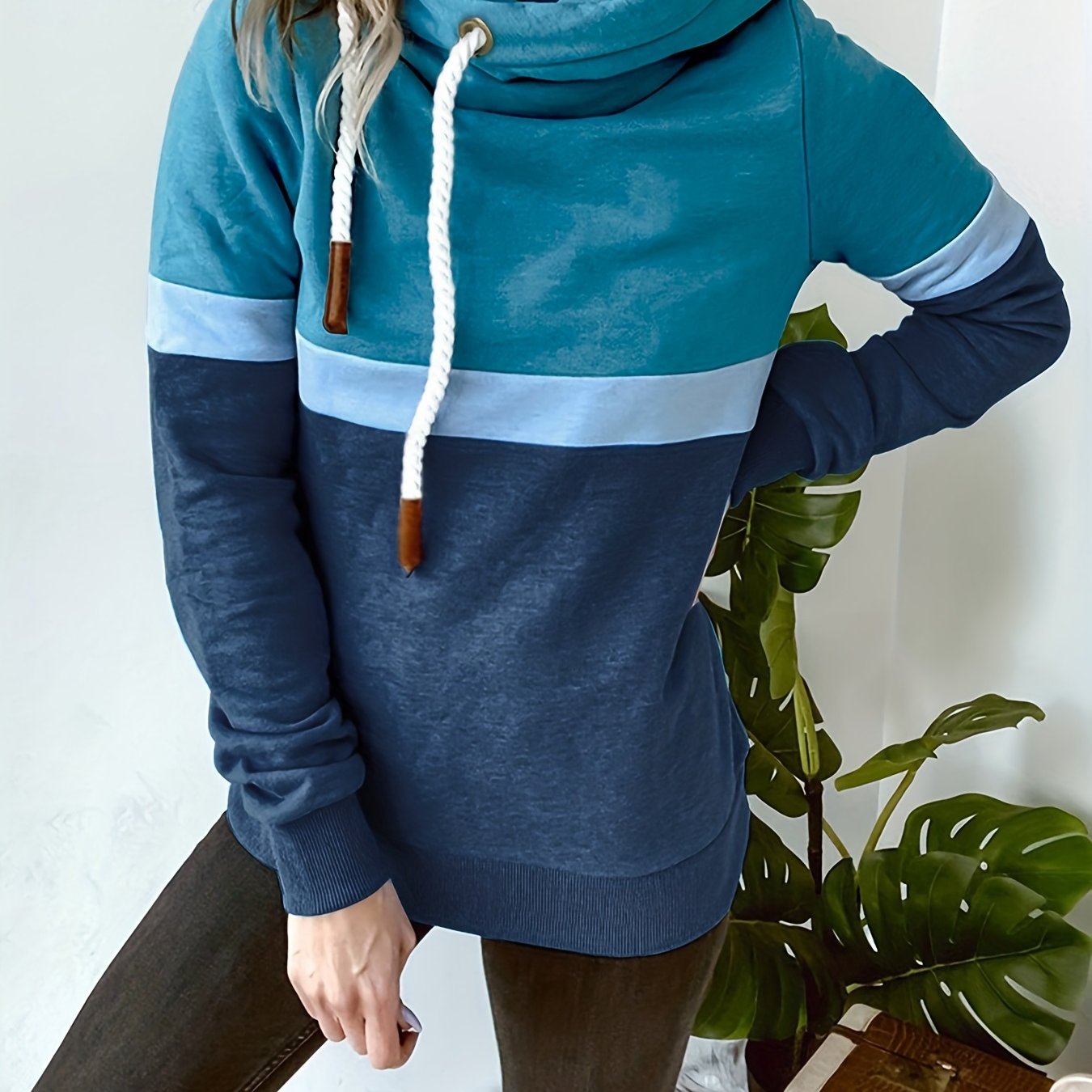 Block Turtle Neck Hoodie Casual Long Sleeve Drawstring Hoodies