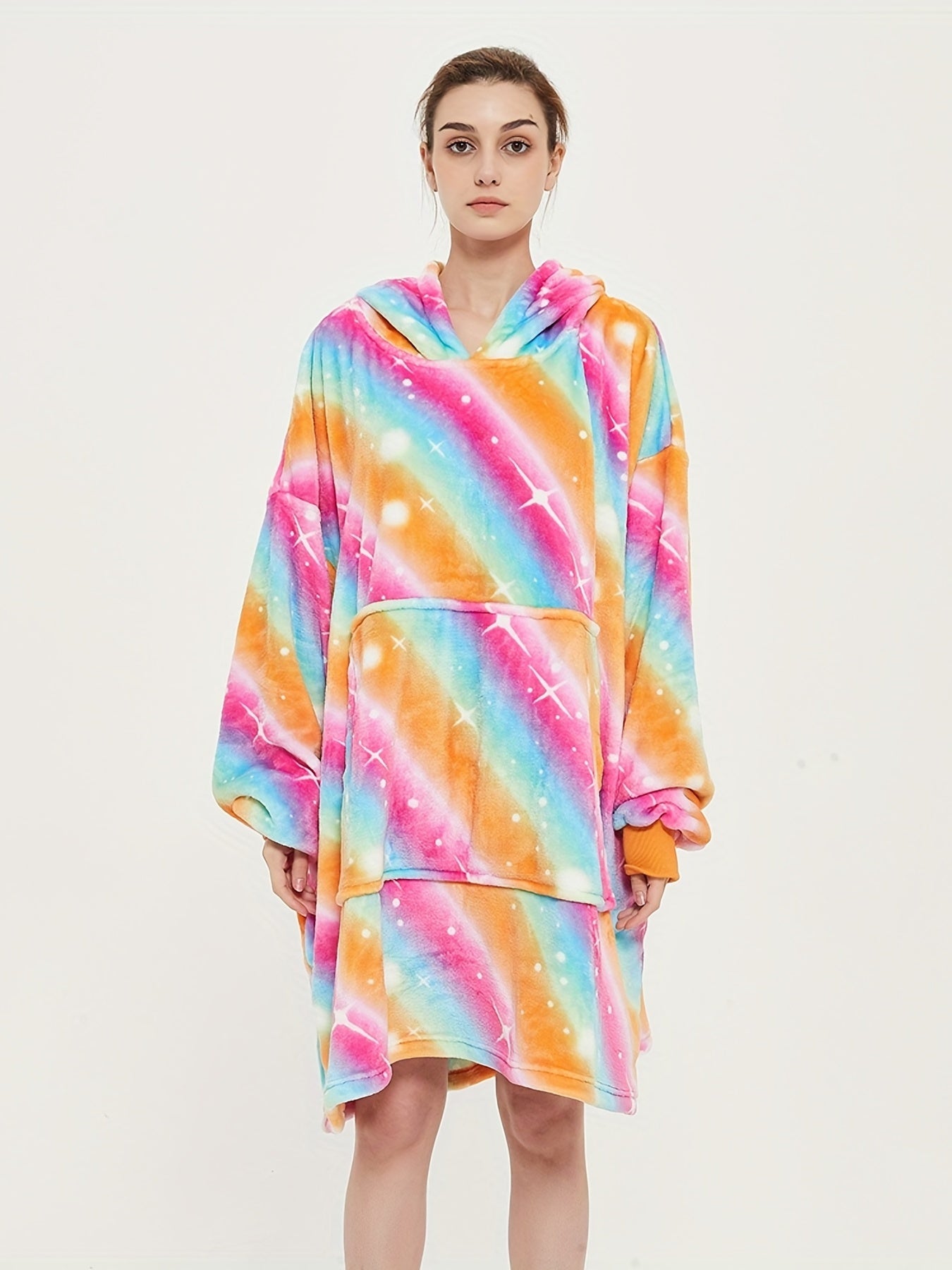 Flannel Hooded Robe Women's Rainbow Striped Warm Nightgown