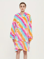Flannel Hooded Robe Women's Rainbow Striped Warm Nightgown