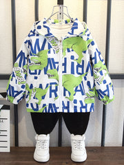 Boys Dinosaur Windbreaker Hooded Jacket Full Print Long Sleeve Zip Up Waterproof