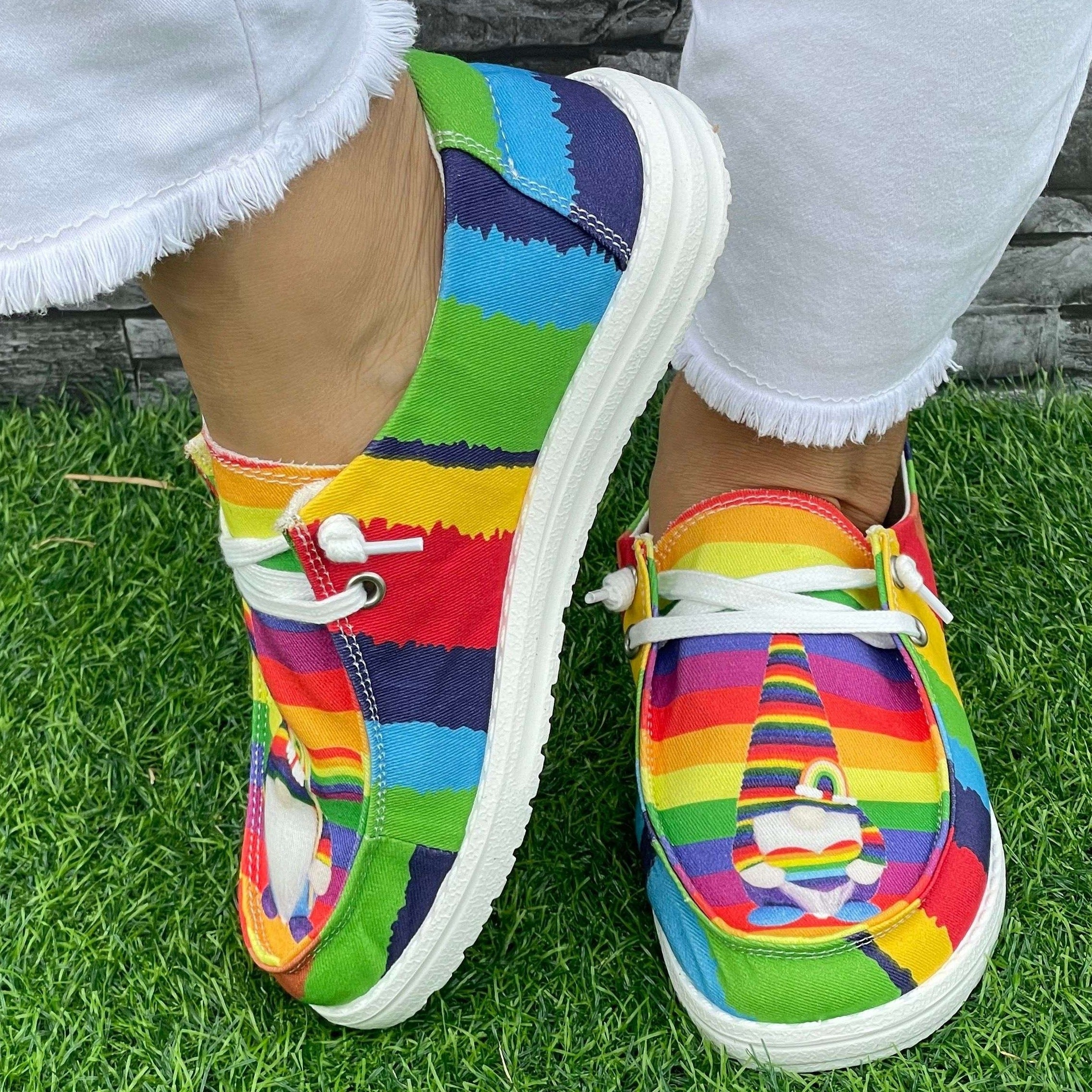 Rainbow Strip Dwarf Pattern Flat Shoes Women's Lightweight Casual Shoes