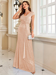 Sequin Twist Front Bridesmaid Dress V neck Short Sleeve Dress For Wedding Party