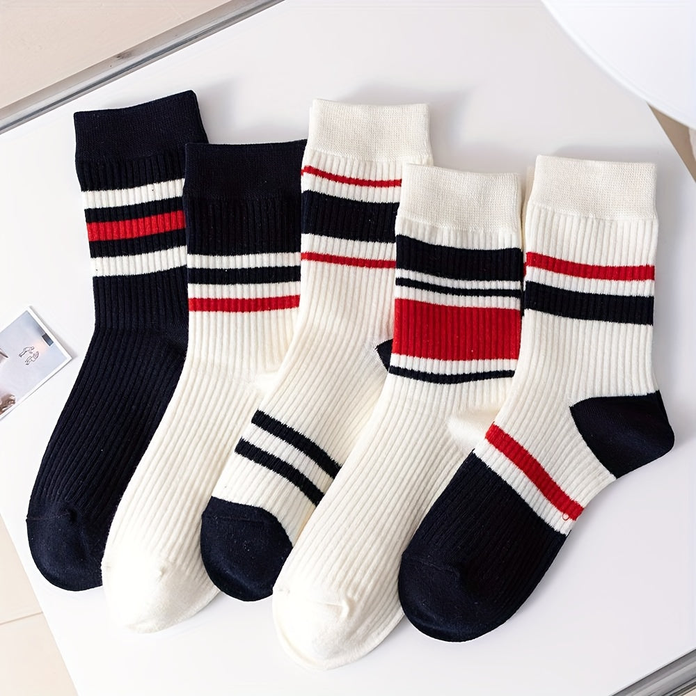 5 Pairs Colorblock Striped Socks Comfy & Breathable All match Sports Socks