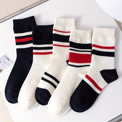 5 Pairs Colorblock Striped Socks Comfy & Breathable All match Sports Socks