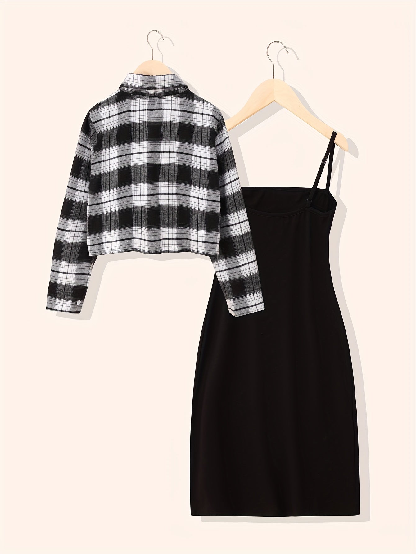 2pcs Girls' Solid Cami Dress & Plaid Shirt Top Set for Party
