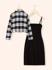 2pcs Girls' Solid Cami Dress & Plaid Shirt Top Set for Party