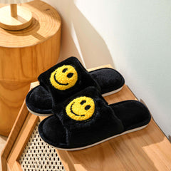 Smile Face Plush Slippers Open Toe Cozy Slip On Flat Fuzzy Shoes